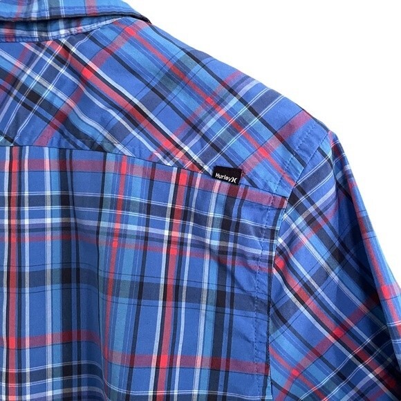 Hurley Top Plaid Short Sleeve Button Front Shirt Royal Blue Men’s Size Medium - Picture 4 of 9